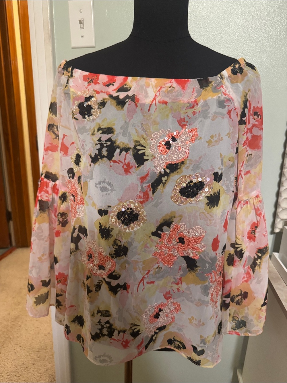 INC International Concepts Coral and Black Floral Off-Shoulder Blouse